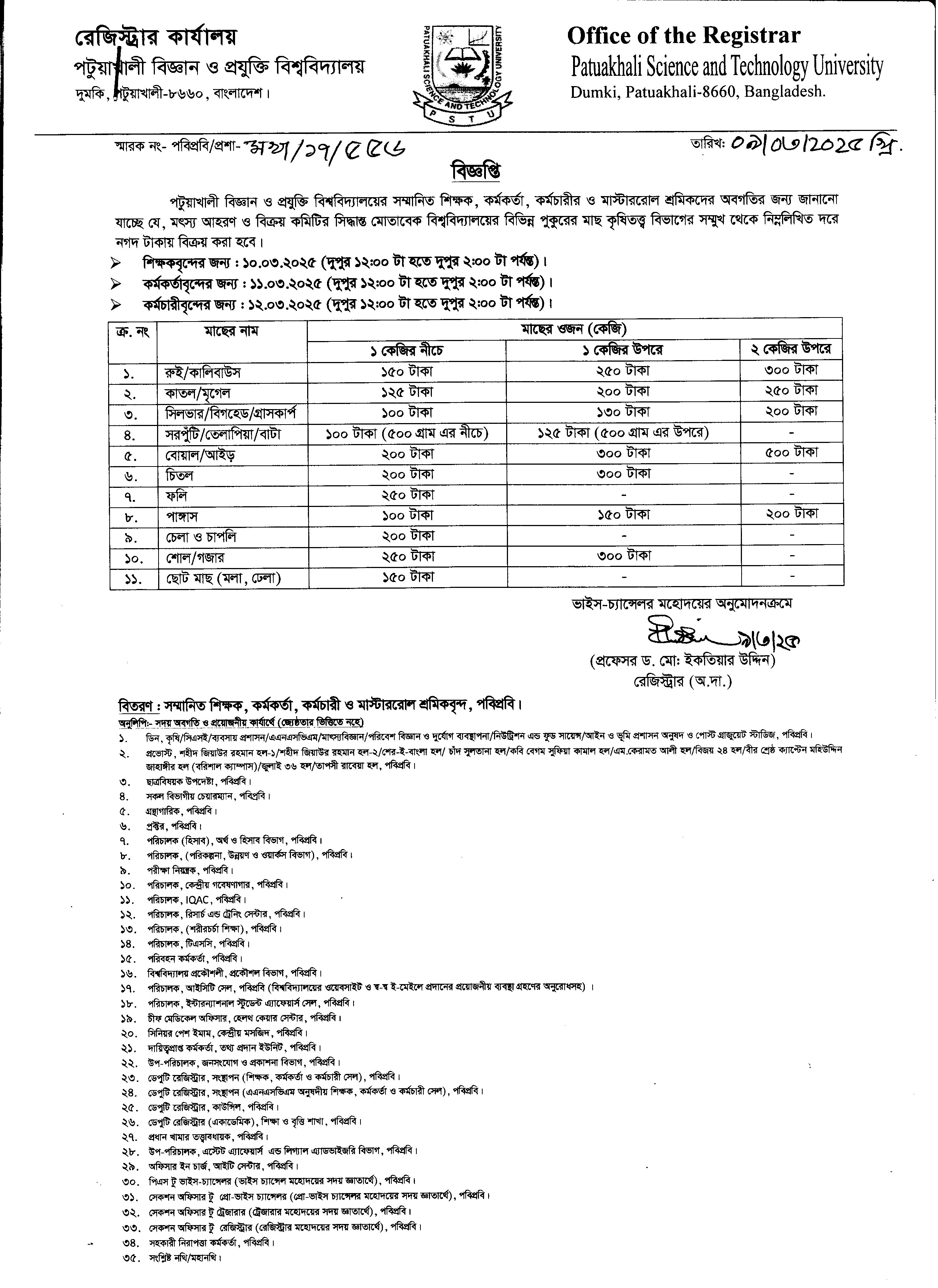মাছ বিক্রয় সংক্রান্ত নোটিশ।